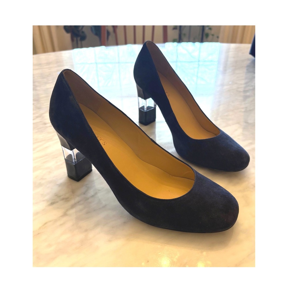 Talbots Navy Blue Suede Round Toe Pumps Clear Acrylic Block Heel Women's Size 9M